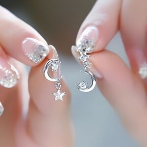 Silver Moon & Star Dangle Post Earrings Crystal Gemstone Celestial Dainty